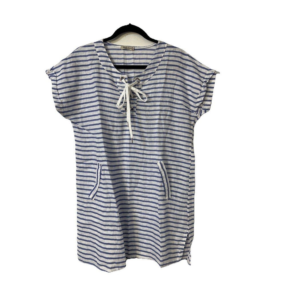 Alessia Pacini Blue White Stripe Linen Tunic Top/Dress Italy Sz L Nautical‎